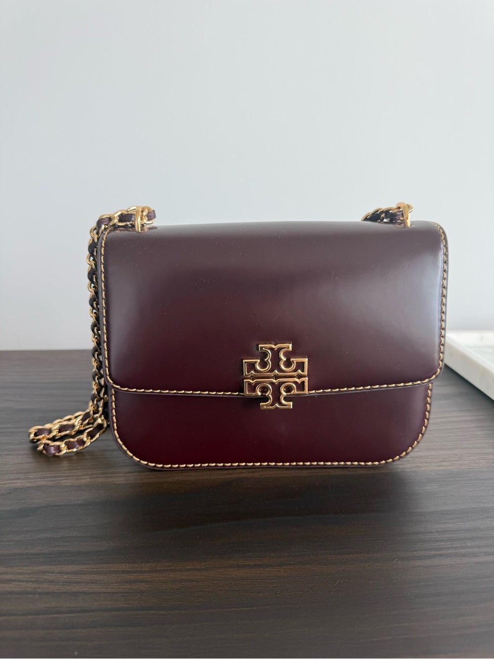 Tory Burch Convertible Chain Crossbody Bag in Burgundy with Gold Hardware